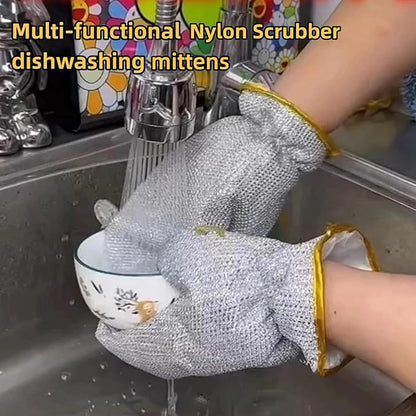 Dishwashing Gloves Non-Scratch Nylon Cleaning Mittens Stainless Steel Wire Balls Hanging Strap for Kitchen Housework