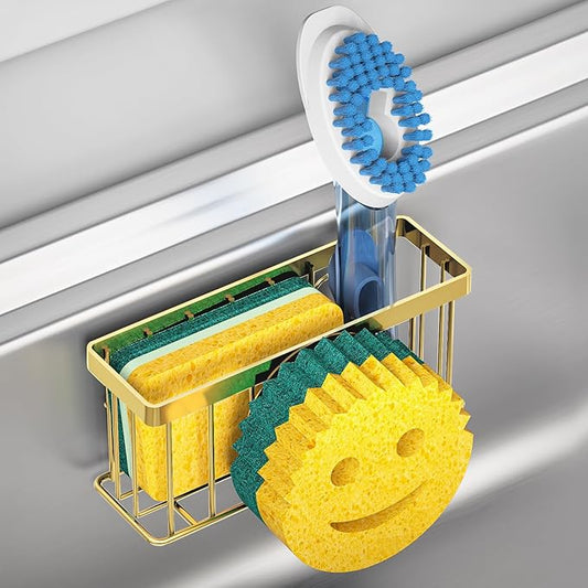 MURLONG Sponge Holder Smiley Face, Sink Caddy for kitchen Sink, Kitchen Organizer Sponge Holder with 2 PCS Suction Cups/1 PCS Adhesive Strips, Designed for Sponge, Soap, Dish brush, Scrubber-Gold