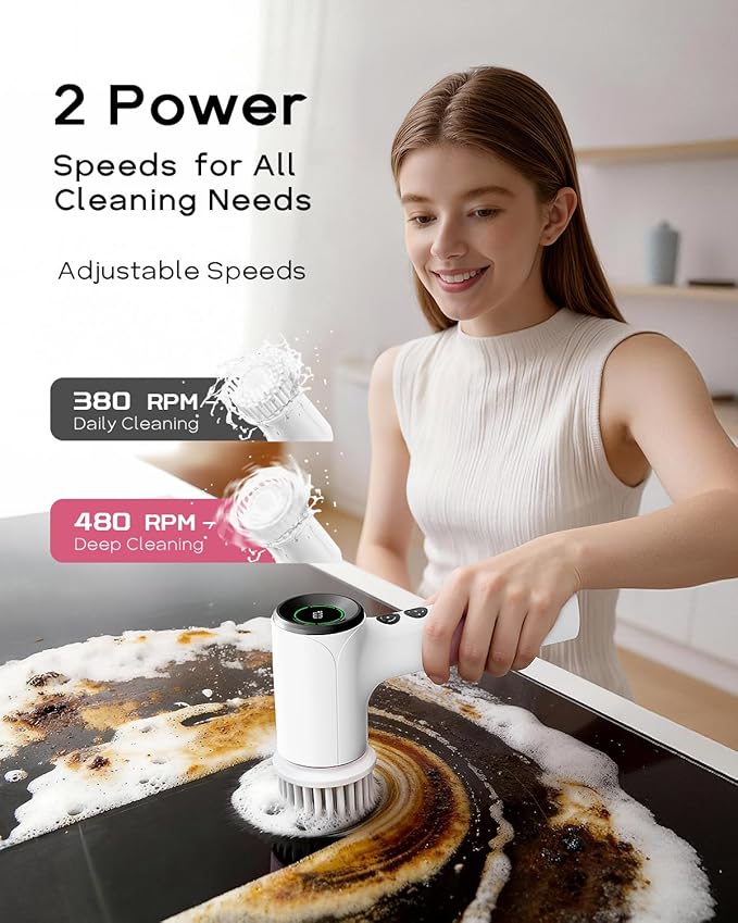PUFTEM Upgraded Electric Spin Scrubber, Powerful Cordless Shower Scrubber with 4500mAh Large Battery & Speed Display, 6 Replaceable Brush Heads, Cleaning Brush for Bathroom Tile Tub Floor (White)