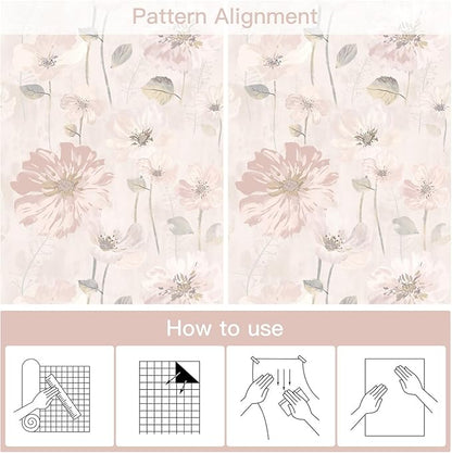 Ismoon 17.3''x362.2''Peel and Stick Wallpaper Vintage Floral Contact Paper Watercolor Pink Removable Self-Adhesive Wallpaper for Bathroom Bedroom Nursery Wildflower Botanical Wall Paper Vinyl Decor
