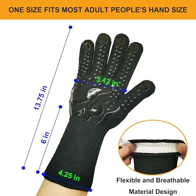 Mitts Oven Gloves with Fingers BBQ Heat Resistant Gloves Oven Gloves 1472℉ 14Inch Cut Resistant Cooking Grill Gloves Silicone Non-Slip Cooking Gloves for Grilling/Baking for Gift (Large, Black)