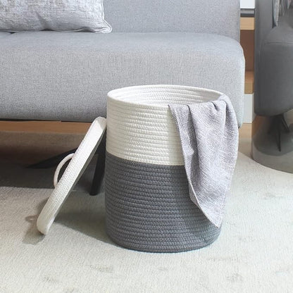 Yimi's Dream Storage Basket with Lid, Small Lidded Cotton Rope Storage Bins for Organizing, Cute Woven Round Covered Laundry Baskets (White & Grey, 12D x 13.5H Inches)