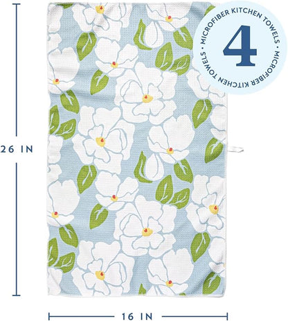 ELYN Microfiber Kitchen Dish Towel Set, Quick-Dry & Absorbent Waffle Weave Cleaning Towels, Set of 4 Kitchen Towels, Paper Towels Alternative (Magnolias & Stripe)