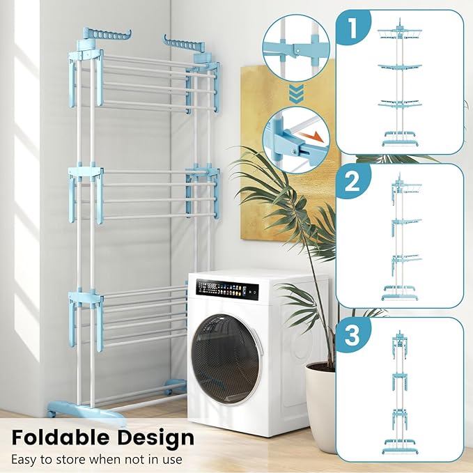 GOFLAME 4-Tier Clothes Drying Rack, Collapsible Clothes Horse Rack with Rotatable Side Wings and Foldable Shelves, Freestanding Garment Dryer Stand with Casters for Indoor and Outdoor Use, Blue