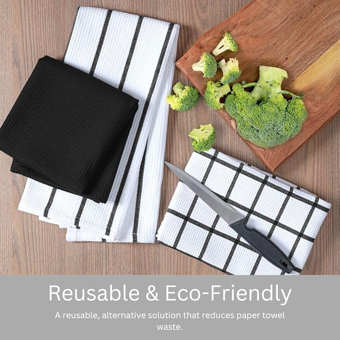 Assorted Waffle Kitchen Towels 100% Cotton Set of 6 - Heavy Duty 320 GSM Quality Dish Cloths - Soft Absorbent Washable for Kitchen Use - Quick Drying Dish Towel 16x26 inch Black