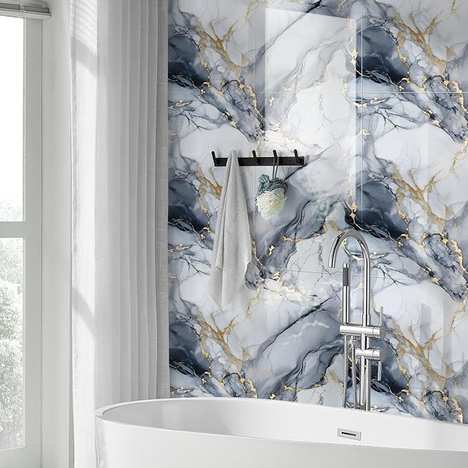10pcs Thick Marble Peel and Stick Waterproof Wall Panels,Heat-Resistant Backsplash Tile, 23.6"x11.8" PVC Foam Wall Sticker for Kitchen,Living Rooms,TV Walls,Blue and Gold (Not Real Tile 19.4Sq. Ft.)
