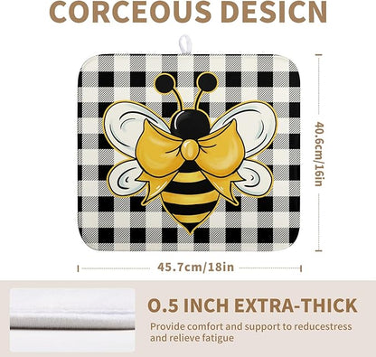 Summer Bumble Bee Drying Mat for Kitchen Counter 16×18 Inch Black White Buffalo Check Honey Bee Print Dish Drying Mats Kitchen Accessories Dish Rack Mat