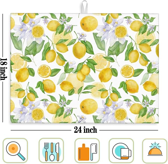Lemon Dish Drying Mat for Kitchen Counter Microfiber Absorbent Dish Draining Reusable Washable Extra Large 24" x 18" (Lemon, 18x24in)