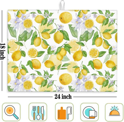 Lemon Dish Drying Mat for Kitchen Counter Microfiber Absorbent Dish Draining Reusable Washable Extra Large 24" x 18" (Lemon, 18x24in)