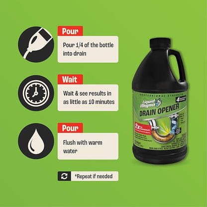 Liquid Rhyno 62 oz. Drain Opener, 2X Concentrate Hair Clog Remover for Sink, Bathtub or Shower Drains, Fast Acting Pro Strength Clears Slow-Flowing Drains, Safe for all Drain Pipes, 4 Treatments