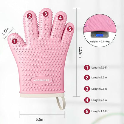 MAD SHARK Silicone Oven Mitts Heat Resistant 450 Degrees,Waterproof & Non-Slip Oven Gloves with Fingers,Cotton Lined Silicone Oven Gloves Kitchen Mitts for Baking Cooking Barbecue,Women (Pink)