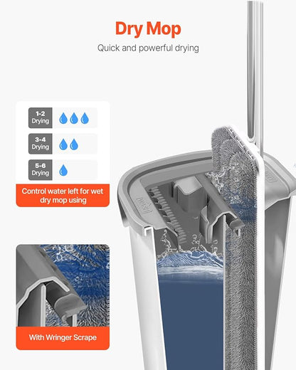 VEVOR Mop and Bucket with Wringer Set, Wet & Dry Use, Flat Mop and Bucket System with 3 Washable Microfiber Pads, Flat Mop with Stainless Steel Handle, Mop Bucket Set for Hardwood Tile Vinyl