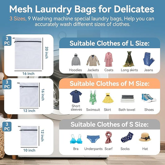 9Pcs Mesh Laundry Bags for Delicates, Laundry Bags Mesh Wash Bags,Lingerie Bags for Washing Delicates, Garment Bag for Washing Machine (3 Large,3 Medium,3 Small)
