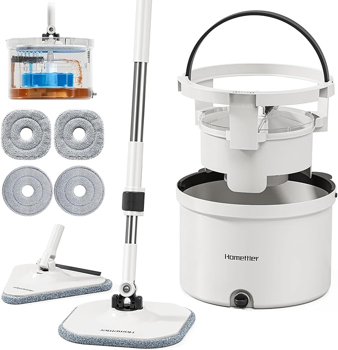 Mop and Bucket Set, Dual-Tank Clean/Dirty Water Separation, with Triangular Head & 4 Microfiber Pads for Deep-Cleaning Floors, Versatile Mops for Walls