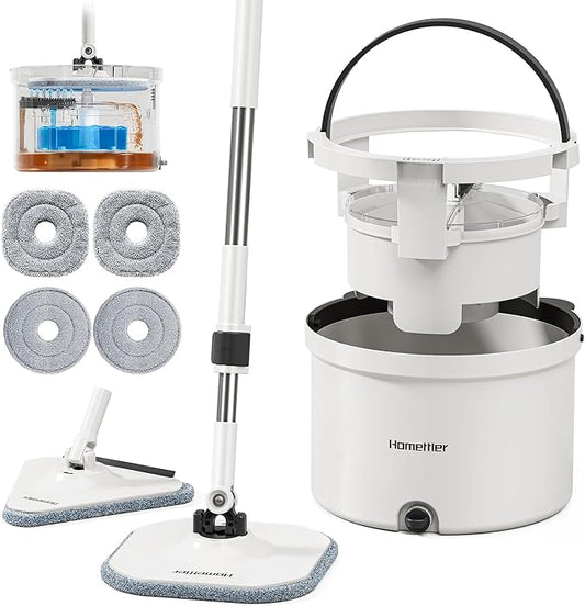 Mop and Bucket Set, Dual-Tank Clean/Dirty Water Separation, with Triangular Head & 4 Microfiber Pads for Deep-Cleaning Floors, Versatile Mops for Walls