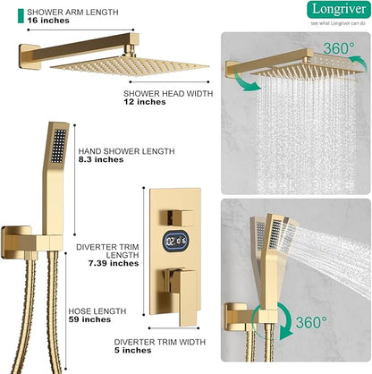 Shower Faucet Set with Hydro Power Temperature Display, Shower System Bathroom 12 Inches Shower Head with Handheld Spray, Wall Mounted Shower Fixtures with Shower Valve and Trim Kit, Brushed Gold