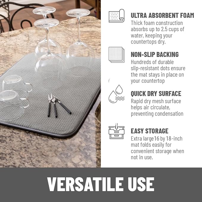 Bellemain XL Dish Mat Microfiber Dish Drying Mat, Super absorbent (Grey, 16" x 18")