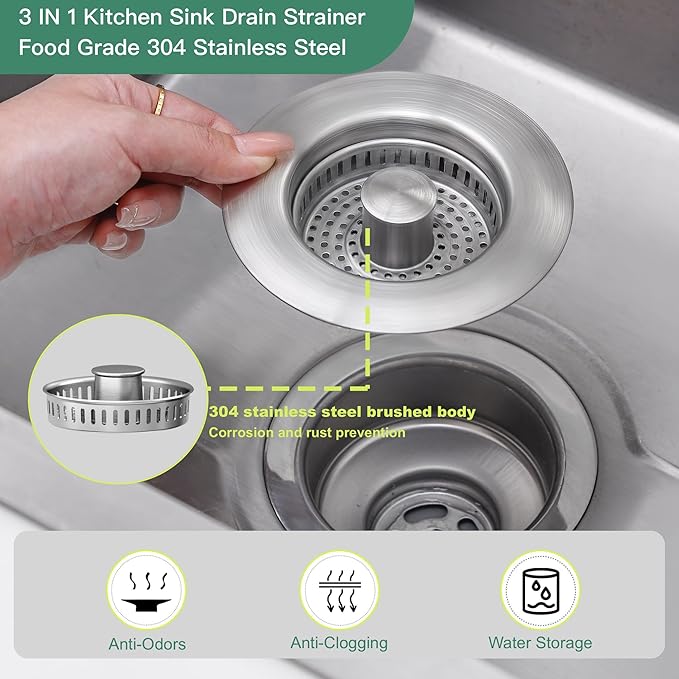Kitchen Sink Drain Strainer 3 in 1, 304 Stainless Steel Pop Up Sink Stopper, Anti-Clogging Sink Stopper, Kitchen Drain Catcher, Sink Strainer for US Standard (Silver 2#)