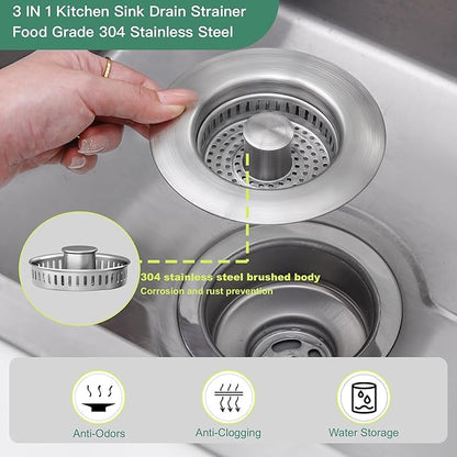 Kitchen Sink Drain Strainer 3 in 1, 304 Stainless Steel Pop Up Sink Stopper, Anti-Clogging Sink Stopper, Kitchen Drain Catcher, Sink Strainer for US Standard (Silver 2#)