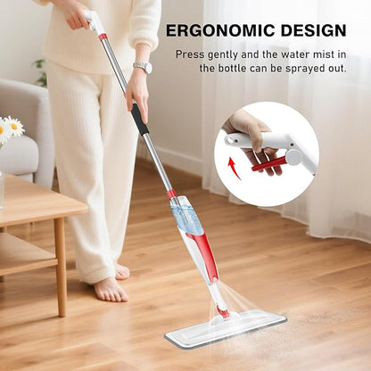 nacena Spray Mop for Floor Cleaning, Dust Mop with 420 ml Refillable Bottle and 3 Pcs Washable Pads Dry Wet Floor Mop for Household or Commercial Use for Hardwood Laminate Tile Ceramic, Red&White