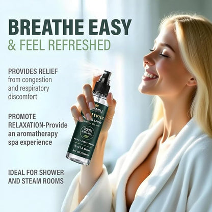 Eucalyptus Shower Spray, Pure Eucalyptus Oil Shower Mist - Sauna and Spa Steam Room Spray, At Home Spa Experience - 6.76 oz