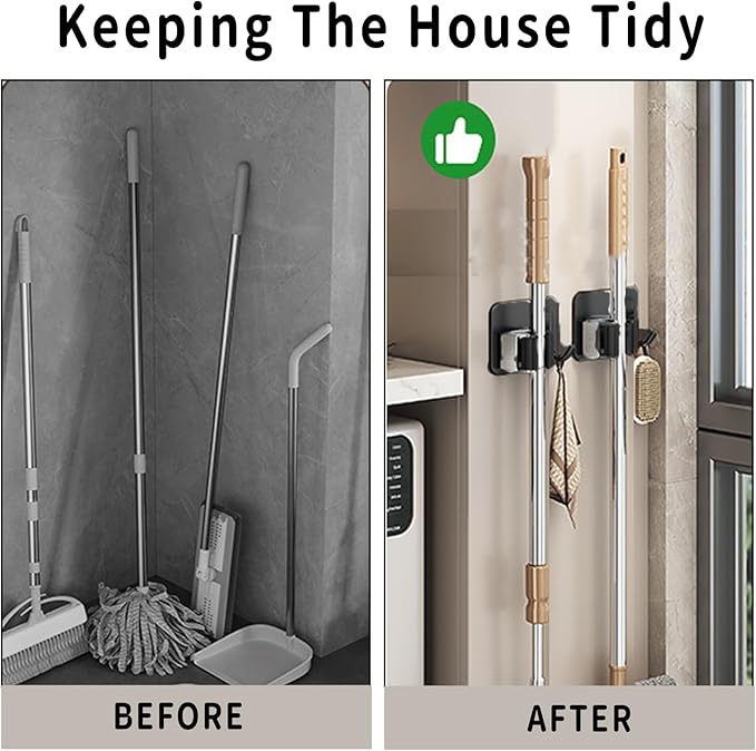 Broom Holder Wall Mount,Mop and Broom Holder Wall Mount Command,3pcs Garden Tool Organizer,304 Stainless (Black)