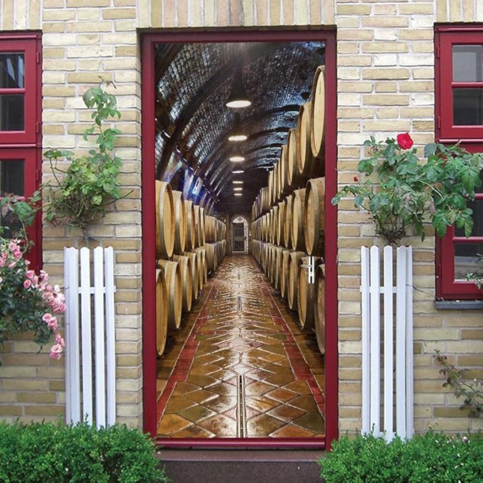 3D Door Stickers Murals - Peel & Stick Wine Cellar Theme Removable PVC Waterproof Poster, 37.4" x 78.7" for Bedroom Living Room
