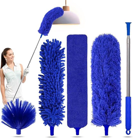 5-in-1 Kit Dusters for Cleaning, Duster with Extension Pole, Extendable Duster with 100 Inches, Microfiber Dusters, Webster Cobweb Duster for Cleaning Ceiling Fans, Furniture, Blinds - Blue