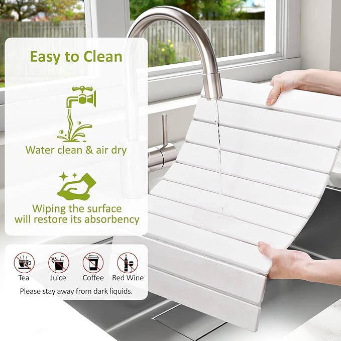 Large Stone Dish Drying Mat for Kitchen Counter, 24"(L)×16"(W), Collapsible Quick Dry Stone Dish Mats, Super Absorbent Diatomaceous Earth Drying Pad for Dishes Bottles Cups, Any Countertop (Beige)