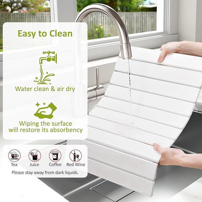 Large Stone Dish Drying Mat for Kitchen Counter, 24"(L)×16"(W), Collapsible Quick Dry Stone Dish Mats, Super Absorbent Diatomaceous Earth Drying Pad for Dishes Bottles Cups, Any Countertop (White)