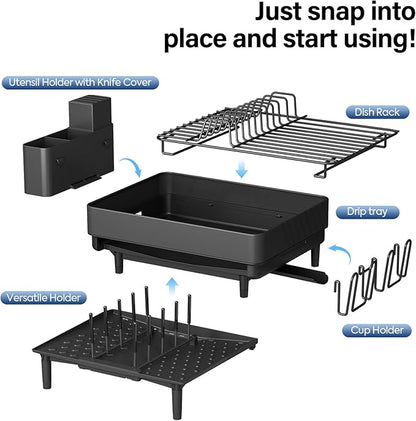 Expandable Dish Rack with Drainboard - Stainless Steel Dish Drainer with Removable Cutlery Tray, Foldable Cup Holder, Elevated Feet, Multifunctional Drainboard for Sink Countertop Kitchen Storage