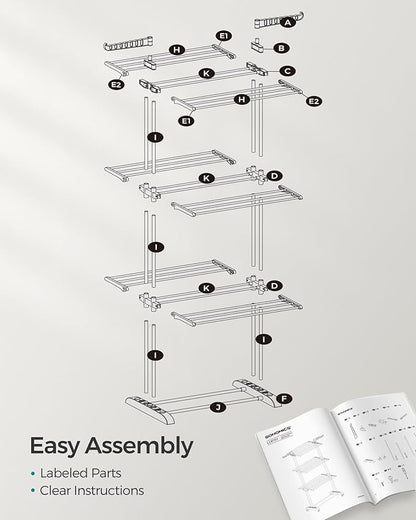 SONGMICS Clothes Drying Rack Stand 4-Tier, Foldable Laundry Drying Rack 68.1-Inch Tall, Steel, Rolling Clothes Horses Dryer Rack, Easy to Assemble, Indoor Outdoor Use, Dove Gray ULLR701G01