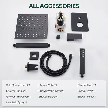 Ceiling Mount Shower System, Black Shower Faucet Set with 12-Inch Rain Showerhead and Handheld Spray Combo, High-Pressure Showerheads Set with Valve and Trim Kit, Matte Black