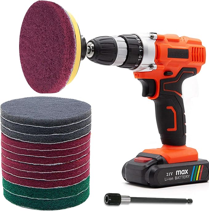 Power Scrub Pads Drill Attachment, GOH DODD 15 Pieces 5 Inch Headlight Restoration Kit Cleaning Kit Scouring Pads with Baker and Universal Shaft for Kitchen, Bathroom, Grout, Carpet, Tub, Grill, Tile