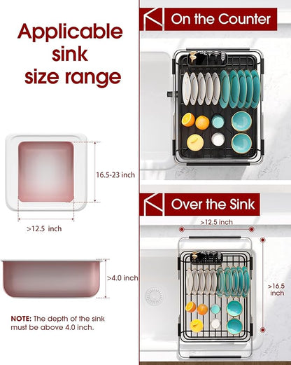 Sakugi Extendable Dish Drying Rack Over Sink with Dish Drainer, Sink Organization and Storage Essentials with Silverware & Utensil Holder, Home and Apartment Decor, 12" W x 16.1~23" L, Black