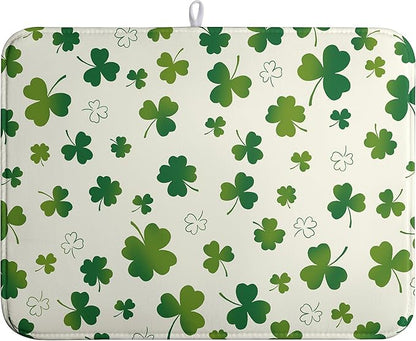 St Patricks Day Dish Drying Mat Shamrock Green Spring Kitchen Dish Drying Pad Absorbent Dish Dryer Mat for Kitchen Countertops Microfiber Dishes Drainer Pad Dish Drying Rack Mat (18x24 in)