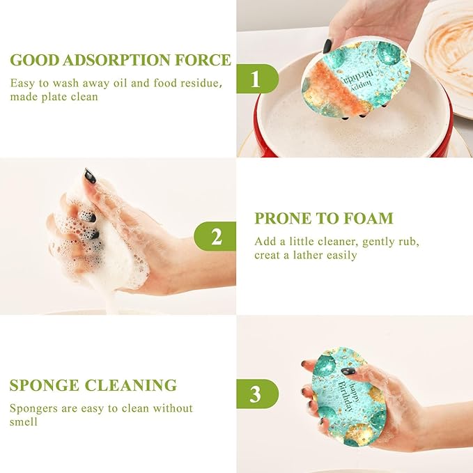 Happy Birthday Kitchen Scrub Sponges, Pop-up Kitchen Cleaning Sponges Reusable Dish Washing Sponges for Bathroom Household Cleaning 3 Pack - Non Scratch Scrubber