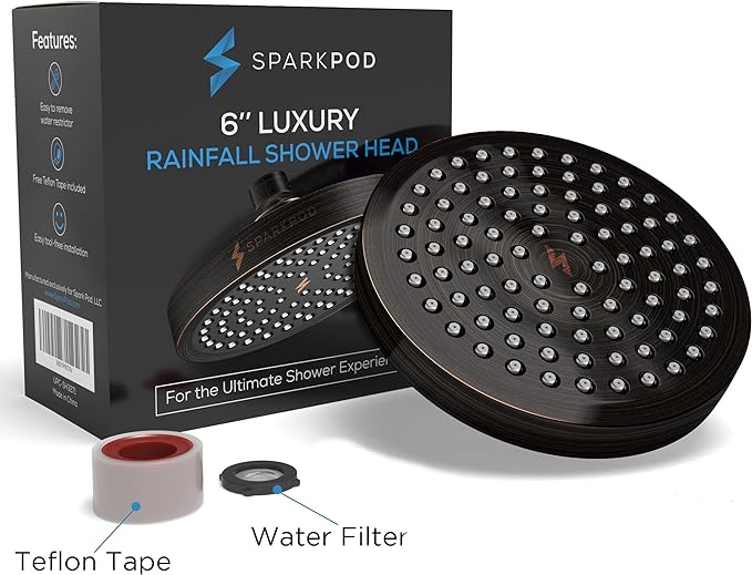 SparkPod Shower Head - High Pressure Rain - Premium Quality Luxury Design - Easy Clean Adjustable Replacement for Your Bathroom Shower Heads (Vintage Oil Rubbed Bronze, 6 Inch Round)