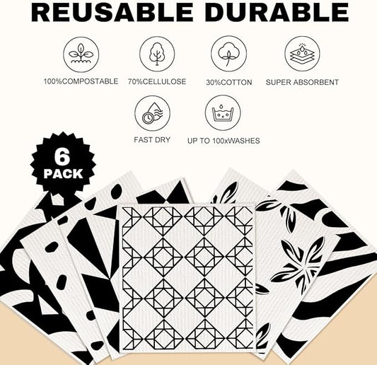 Swedish Dishcloths 6 Pack Black White Geometric, Reusable Washable Absorbent Cellulose Sponge Cloths, No Odor Eco Dish Towels for Kitchen Dish Washing, Home Cleaning, Kitchen Gifts for Women