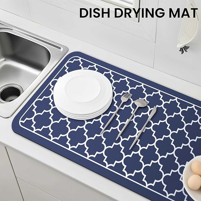 WISELIFE Dish Drying Mat Super Absorbent Drying Mat Large Dish Drying Mats for Kitchen Counter Easy Clean Dish Mat Kitchen Drying Mat18"x 36" Stylish Blue