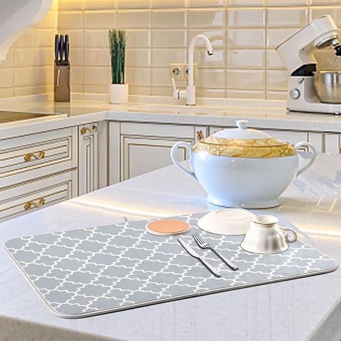 Super Absorbent Dish Drying Mat, Microfiber Fast-Drying Dish Mat, 24" x 18", Kitchen Dish Drying Pad, Grey Moroccan
