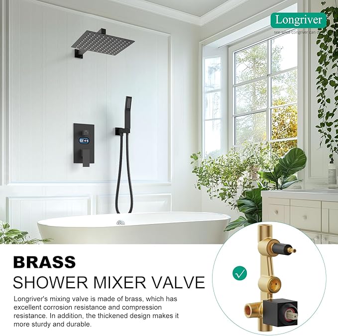 Shower Faucet Set with Hydro Power Temperature Display, Shower System Bathroom 12 Inches Shower Head with Handheld Spray, Wall Mounted Shower Fixtures with Shower Valve and Trim Kit, Matte Black