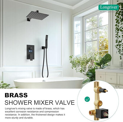 Shower Faucet Set with Hydro Power Temperature Display, Shower System Bathroom 12 Inches Shower Head with Handheld Spray, Wall Mounted Shower Fixtures with Shower Valve and Trim Kit, Matte Black