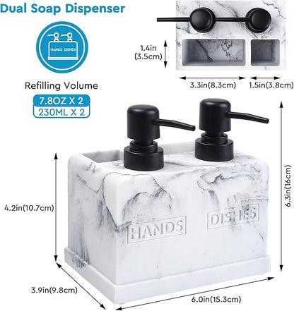 Kitchen Soap Dispenser Set,with Liquid Hand and Dish Soap,Sponge Holder and Brush Holder 4-in-1 Dual Soap Dispenser Set for Kitchen Sink, Bathroom - Artificial White Marble Look