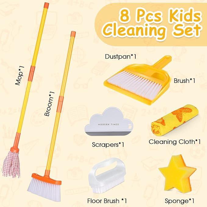 Masthome Kids Cleaning Set, 8 Piece Cleaning Toys Set, Includes Mop, Broom, Brush, Dustpan, Microfiber Cloth, Cleaning Sponge, Squeegee, Window Scraper, Pretend Play Toys for Girls Boys - Yellow