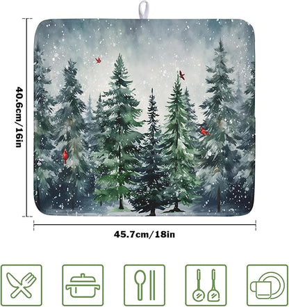 Winter Pine Tree Dish Drying Mat for Kitchen Counter 16x18 Inch Winter Snowflake Xmas Forest Dish Draining Mat Christmas Decorations Fast Absorbent Tableware Dishes Pad for Coffee Bar Countertop