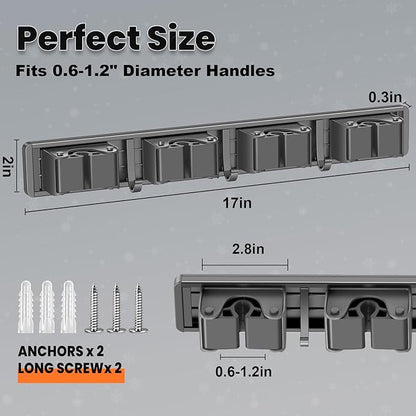 Broom Holder Wall Mount, Mop and Broom Hanger Wall Mount for Organizing and Storing Items in Household Kitchens, Gardens, Laundries (4 Racks & 3 Hooks, Grey)
