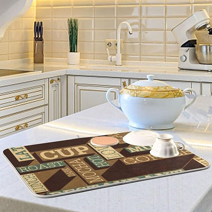 Super Absorbent Dish Drying Mat, Microfiber Fast-Drying Dish Mat, 24" x 18", Kitchen Dish Drying Pad, Coffee Themed Seamless Retro