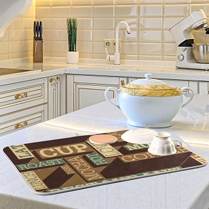 Super Absorbent Dish Drying Mat, Microfiber Fast-Drying Dish Mat, 16" x 18", Kitchen Dish Drying Pad, Coffee Themed Seamless Retro