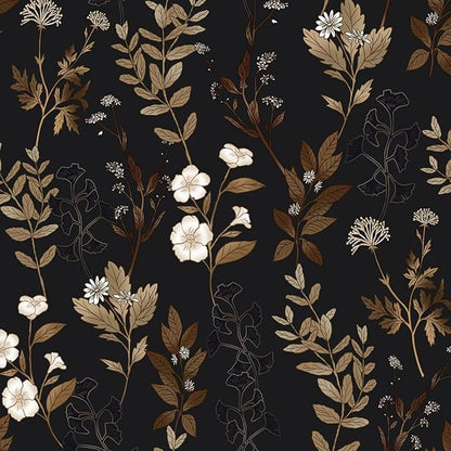 Fvlow Black Floral Peel and Stick Wallpaper 17.4" x 197" Vintage Dark Gold Leaf Contact Paper Waterproof Self-Adhesive Vinyl Wall Covering for Bedroom Bathroom Countertop Cabinets, Boho Wall Decor